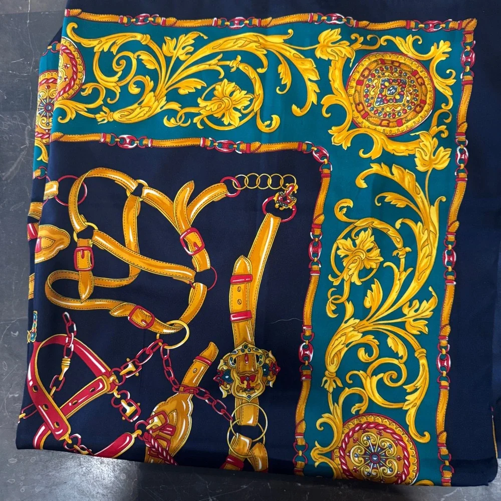 Vintage Equestrian Baroque Chain Print Scarf Navy Teal Gold Silk Like Square